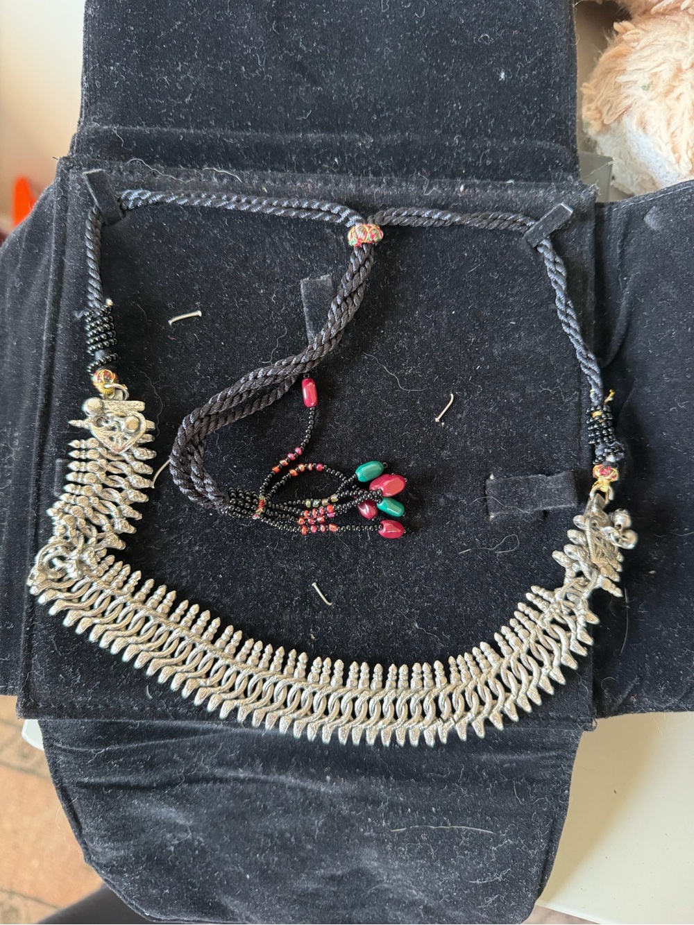 Handcrafted Silver-Tone Tribal Bib Necklace with Black Cord